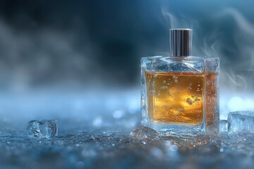 A perfume bottle surrounded by ice cubes on a cool surface