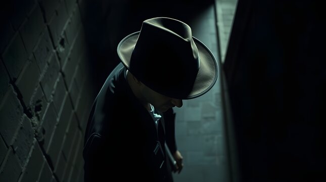 silhouette of a hat man in a dark room