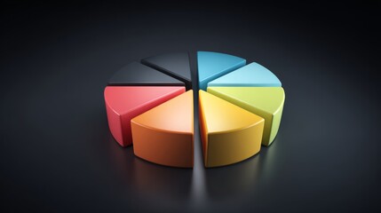 Obraz premium A vibrant D pie chart displaying different market shares, with glossy segments in various colors, set against a sleek dark background for a modern look.