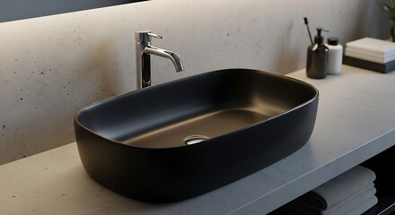 Fototapeta premium Modern bathroom interior featuring a sleek black vessel sink and chrome faucet, creating a