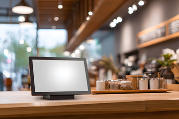Blank digital information display screen standing on a counter in a modern blur cafe. Mockup for advertising media signage.