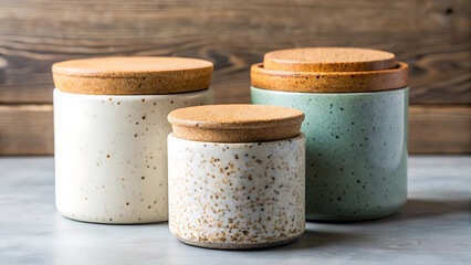 Speckled Ceramic Containers With Cork Lids In Minimalist Arrangement