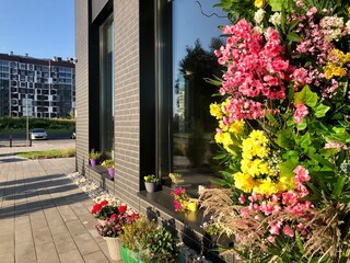 exterior of a building decorated with flowers