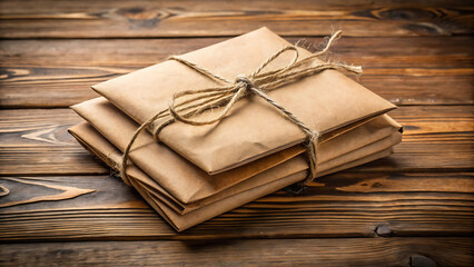 Stack Of Kraft Paper Envelopes Tied With Twine On Wooden Surface