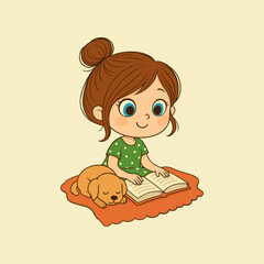 Cute girl reading a book on the floor with a dog and blanket, cozy cartoon style illustration ontransparent background