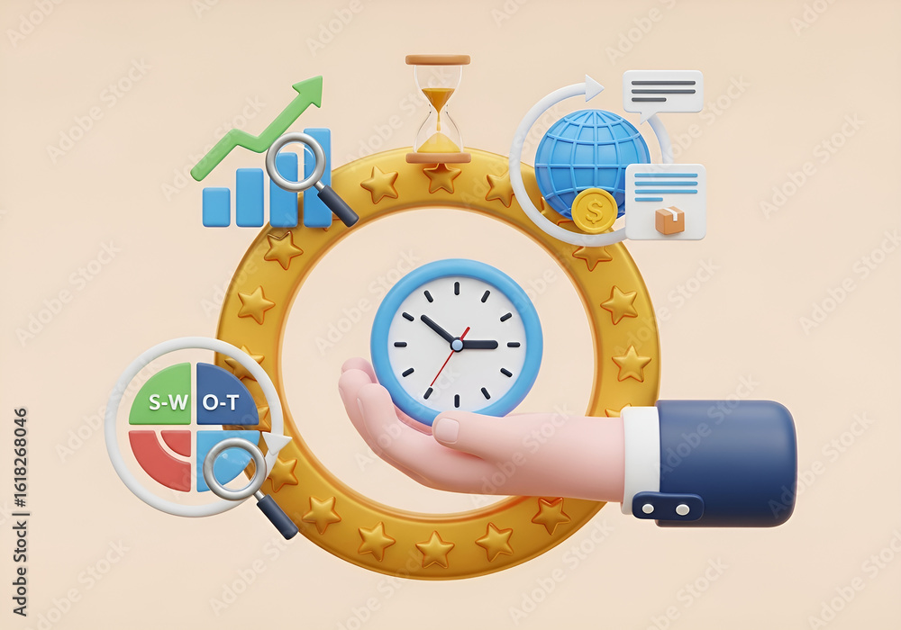 Poster 3d rendering conceptual image 3d illustration of business time management and strategy with clock, h