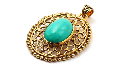 Vintage Turquoise And Gold Pendant With Filigree Ornament Design