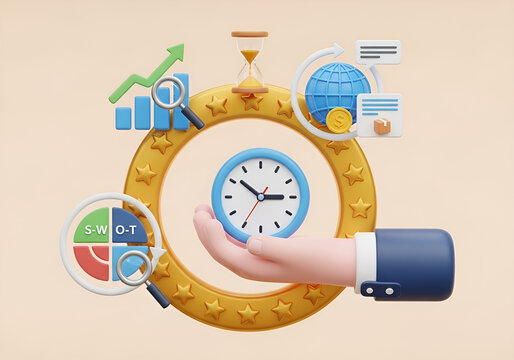 3d rendering conceptual image 3d illustration of business time management and strategy with clock, hourglass, and charts