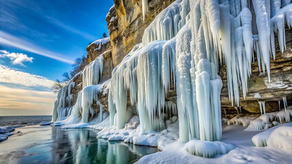 White Ice Formations On Winter Cliff Face With Frozen Texture