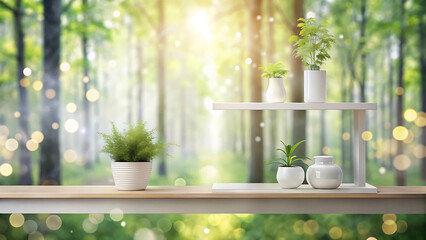 White Shelf Display Set Against Soft Misty Forest Bokeh Backdrop