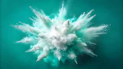 White Powder Explosion On Teal Colored Background With Motion