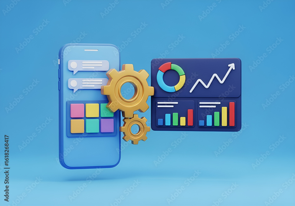 Poster 3d rendering conceptual image 3d illustration of a smartphone displays data analysis charts and gear