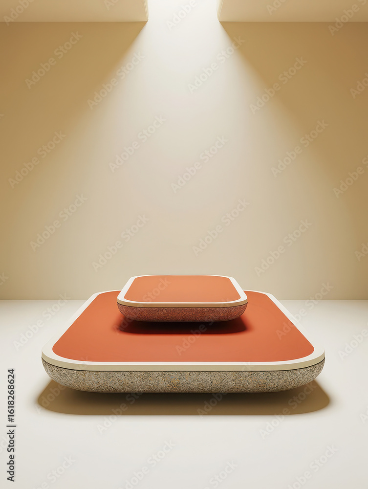 Poster a minimalist modern display platform with two tiers, illuminated by a spotlight