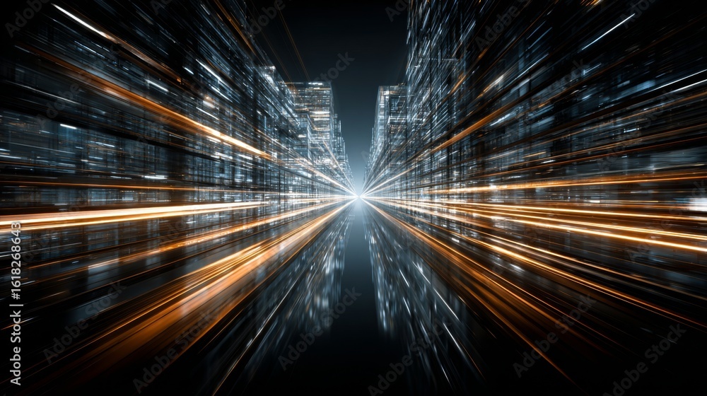 Poster a vibrant light streak speeding through a futuristic grid-like space, creating an illusion of rapid 
