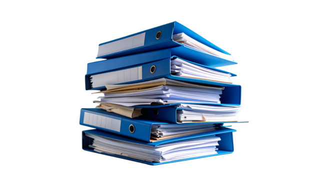 A disorganized pile of paperwork, folders, and office files stacked together, isolated on a clean background. Ideal for representing office workload, bureaucracy, or document management concept