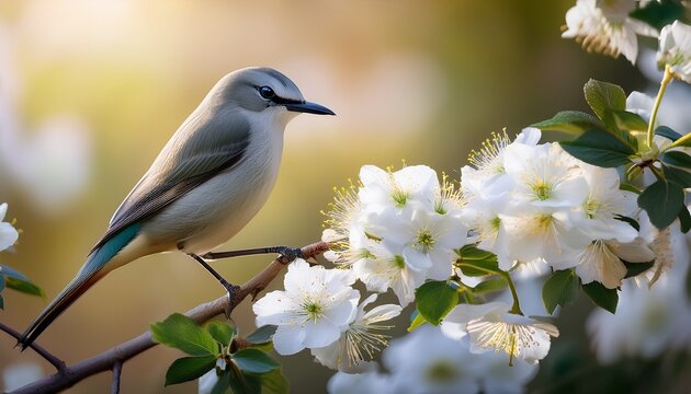 elegant bird perched on branch with creamy white flowers