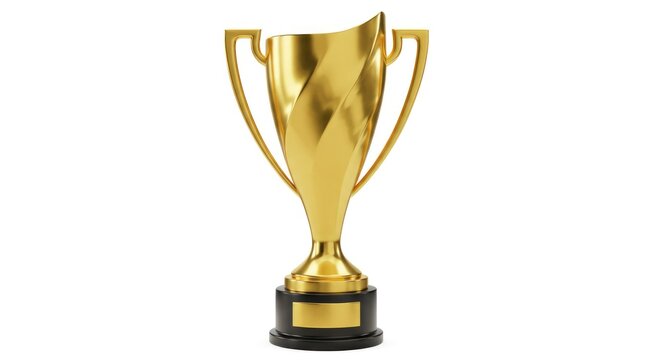Gleaming gold trophy isolated on white background, featuring ornate handles and a swirling central body, atop a black base with a blank plaque
