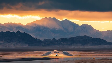 Airplane Taking Off at Sunset With Majestic Mountains