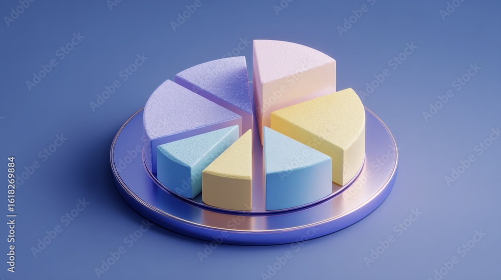 Poster a visually striking d pie chart with segments that appear to float above a sleek surface, representi