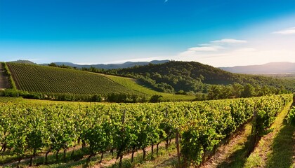 lush vineyard sprawls across rolling hills rows of green vines laden with ripe sun kissed grapes ready for harvest