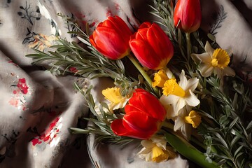 Obraz premium A striking bouquet of vibrant red tulips, yellow daffodils, and soft white daisies, paired with sprigs of fresh rosemary and eucalyptus.