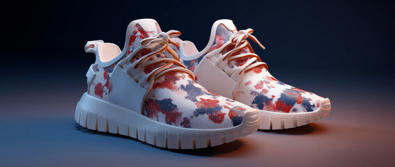 Pink sneakers and notebook on beige background