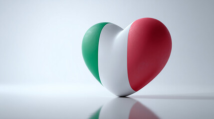 A 3D heart with Italy flag colors (green, white, red), standing on a reflective floor, isolated on a pure white background.