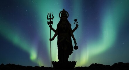Silhouette of multi-armed deity statue juxtaposed against the ethereal aurora borealis at night