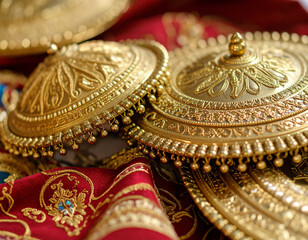Obraz premium A close-up of intricate Bahraini traditional embroidery, showcasing delicate gold threadwork on vibrant fabric.