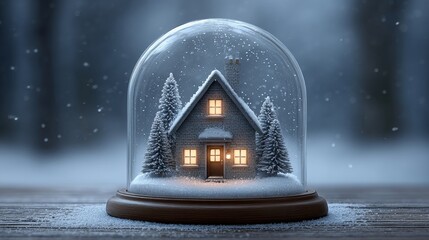 Happy home insurance protection a glowing house in a glass dome winter wonderland serene viewpoint