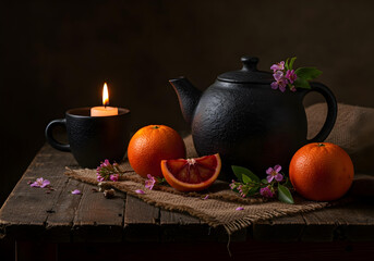 A black clay teapot with a rough texture, paired with blood oranges and wild blossoms, arranged on a dark burlap cloth, illuminated by a single candle at twilight, rustic and earthy aesthetic, warm to