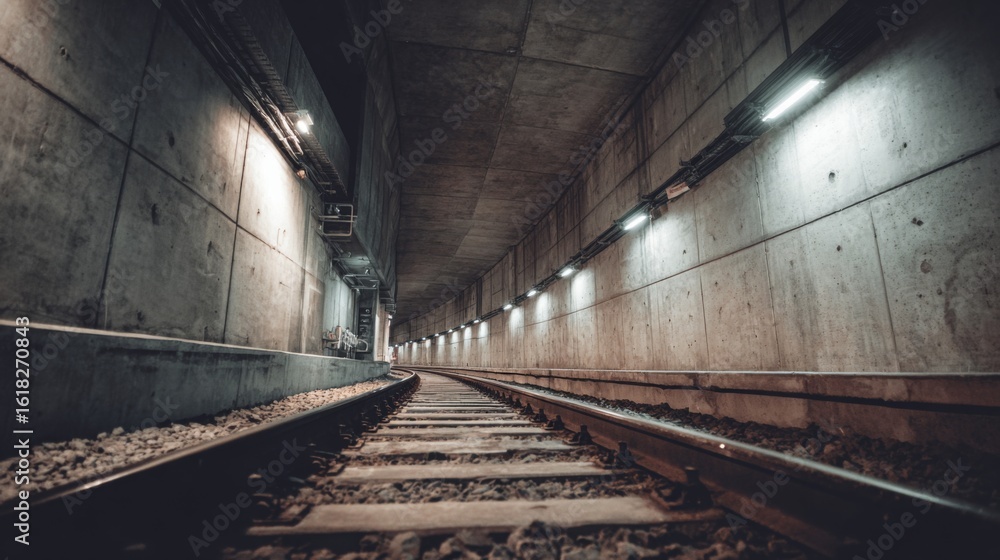 Poster a wide-angle view of an empty subway tunnel with track rails disappearing into the distance, with so