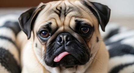 Obraz premium An endearing pug with large, sad eyes and a wrinkled forehead rests with its tongue sticking out.