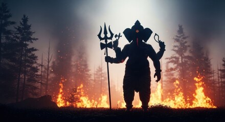 Enigmatic silhouette of lord ganesha amidst forest conflagration representing power and