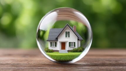 Happy modern home protection ensuring life and insurance with levitating house inside crystal bubble in nature