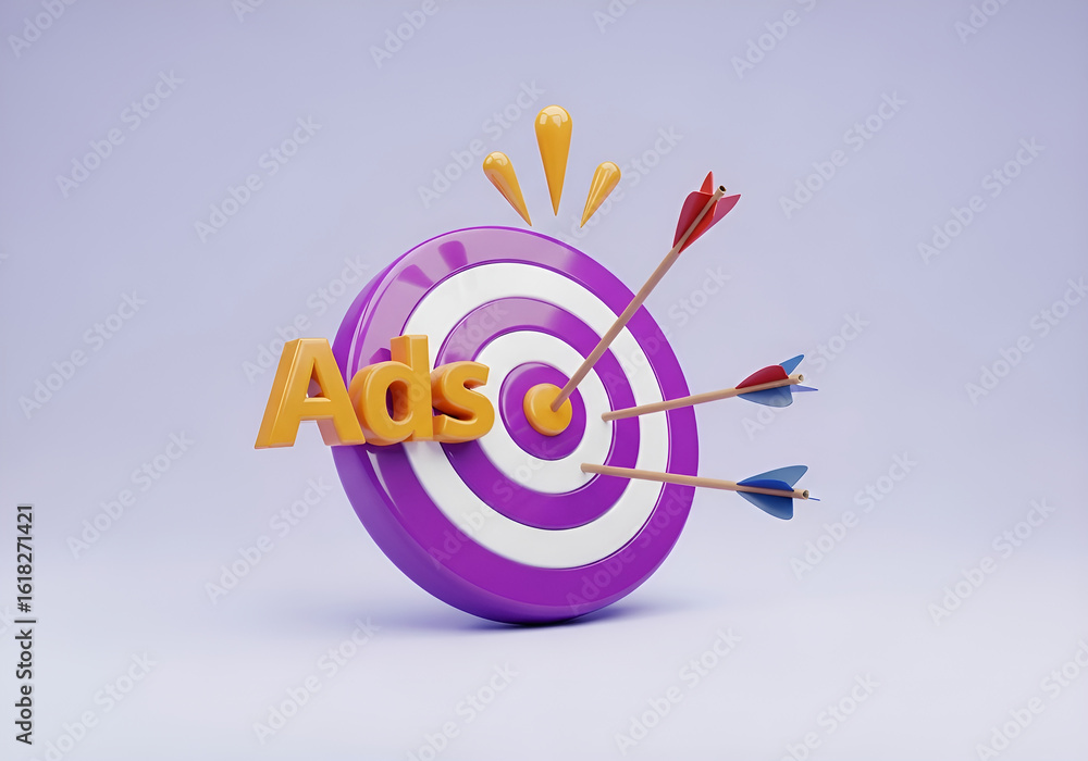 Poster 3d rendering conceptual image 3d illustration of the word ads on a purple target with arrows hitting