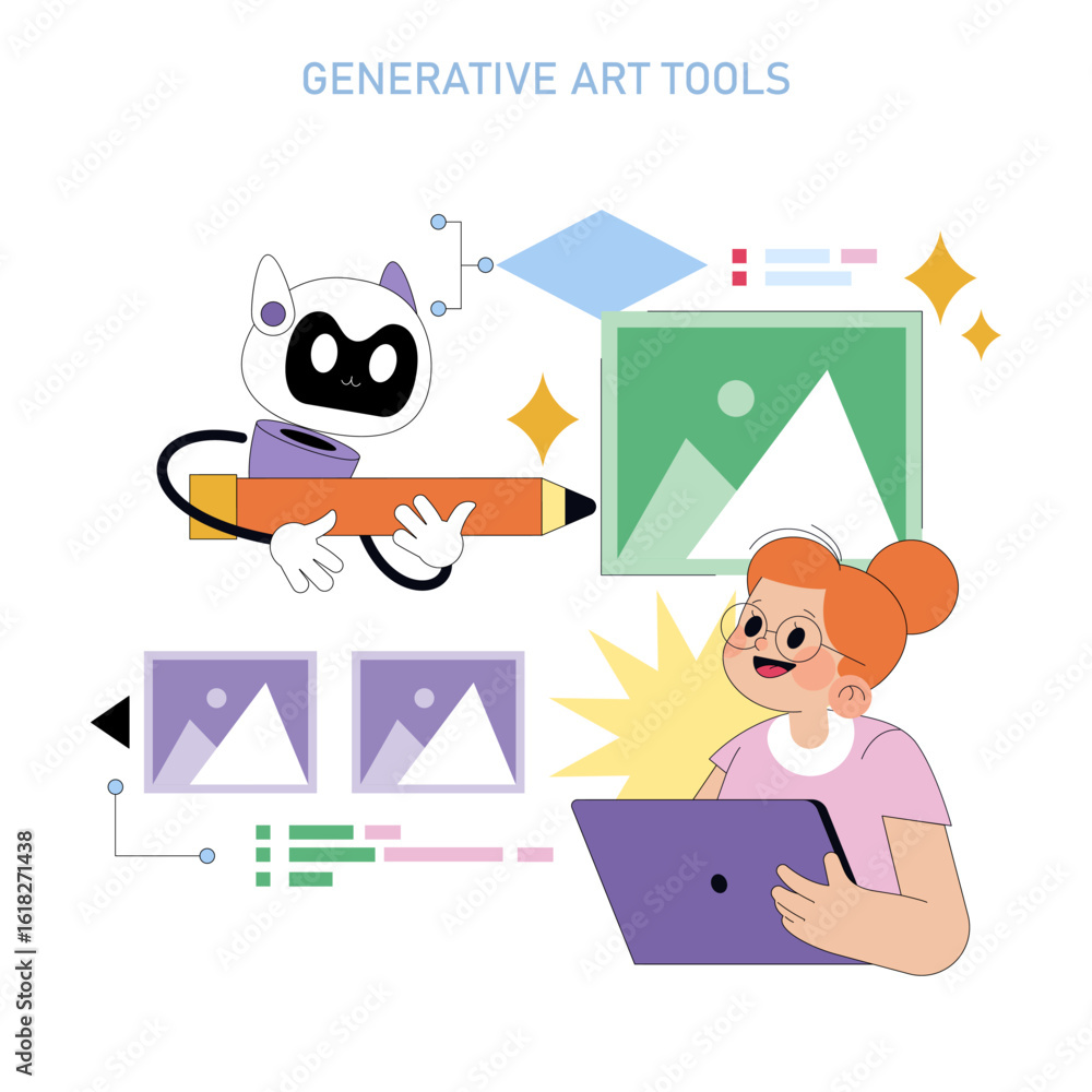 Aufkleber generative art tools vector illustration with robot