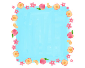 桃 水彩手描きイラスト 青 フルーツフレーム