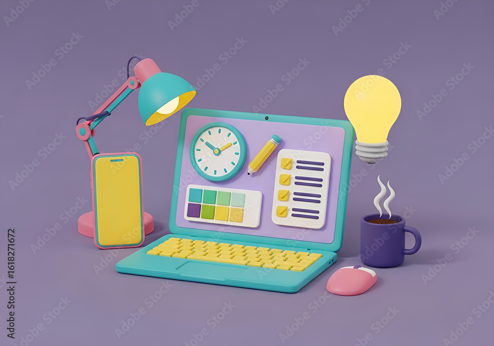 Poster 3d rendering conceptual image 3d illustration of a laptop with a clock, color palette, and todo list