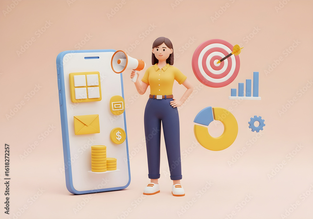 Poster 3d rendering conceptual image 3d illustration of woman with a megaphone next to a smartphone display