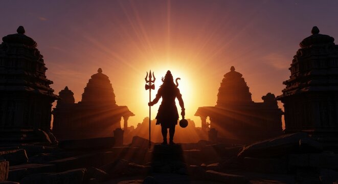 Lord Shiva Silhouette at Sunset: A Spiritual Journey Through Ancient Temples and Divinity - Powered by Adobe