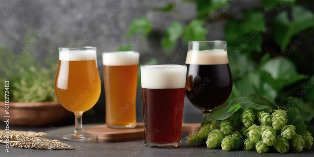 Poster assorted craft beers with hops and wheat on rustic table setting