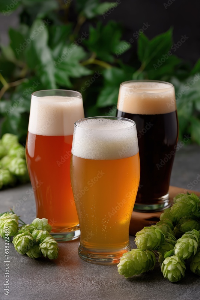 Poster assorted craft beers and fresh hops on rustic table with leafy background