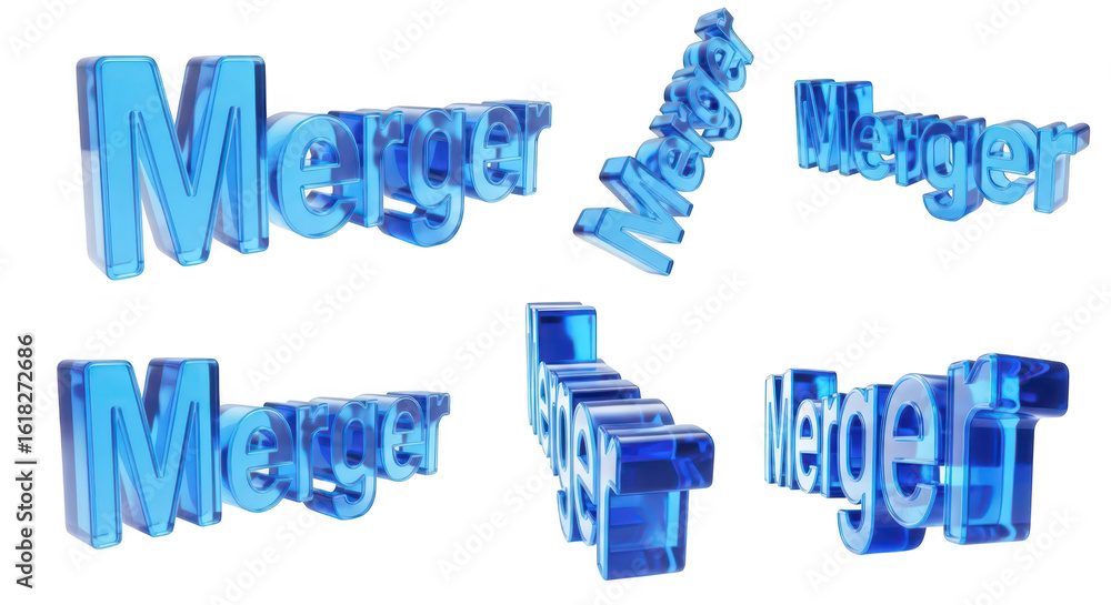 Aufkleber six variations of the 3d rendered glossy blue word merger are displayed signifying business consolid