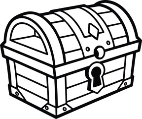 Treasure chest silhouette, wooden coin box, dollar coins vector, vintage loot icon, black outline graphic