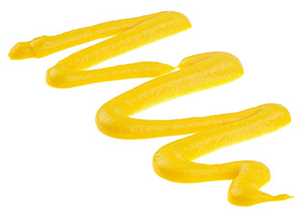 Smear of tasty mustard isolated on a white background, top view. Yellow mustard sauce.