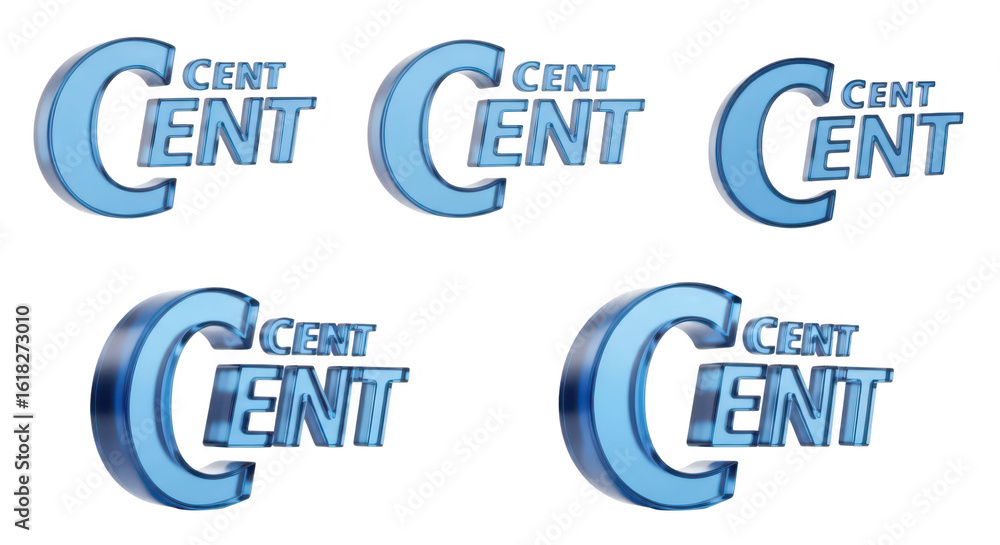 Aufkleber five 3d rendered blue transparent text variations of cent are arranged on a white background represe