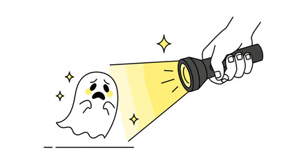 Illustrative Scene of a Frightened Cartoon Ghost Being Illuminated by a Bright Flashlight Held by an Unseen Hand, Evoking Humor and Playfulness in a Spooky Setting