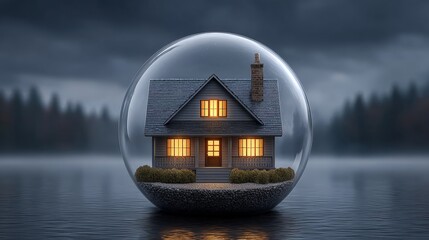 Protect your happy home with life insurance loans inside a transparent sphere serene lakeside environment