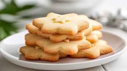 Stack of Flower Shaped Cookies on White Plate Golden Brown Delight